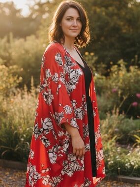 Denim 24/7 Duster Kimono Floral Handkerchief Hem Loungewear Cruisewear